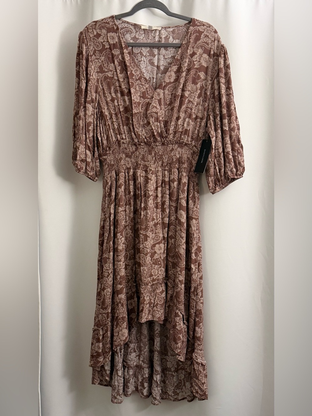 Floral Lace Print Smocked Waist Midi Dress - Brown